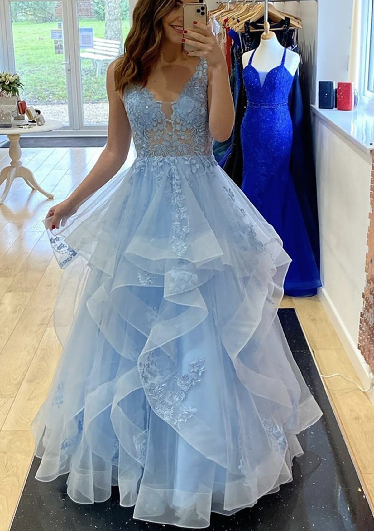 Light Blue Beaded Applique Prom Dress Ruffle Skirt | Prom Mirror prommirror Light Blue Beaded Applique Prom Dress Ruffle Skirt | Prom Mirror prommirror