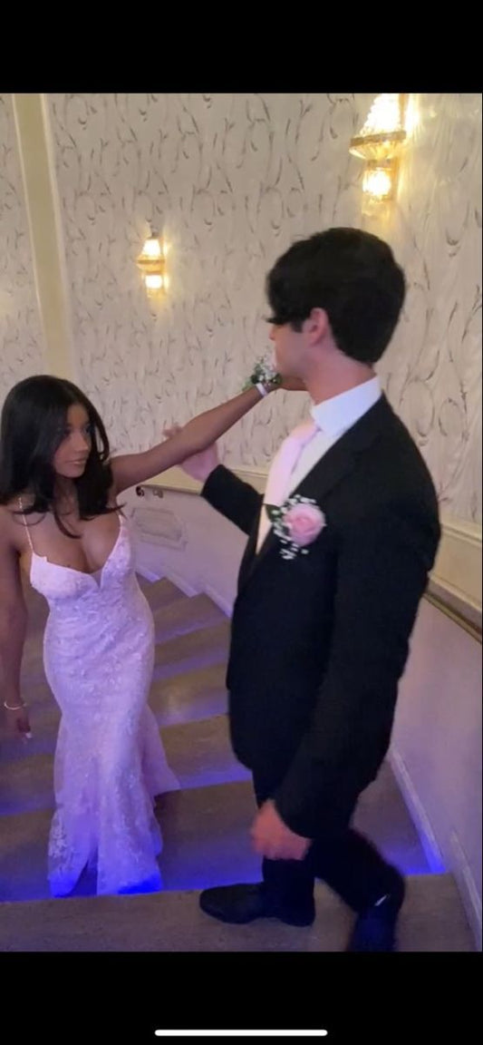 Sweet Pink Lace Mermaid Prom Dresses, Long V-neck Evening Dress, Criss Cross Back Party Gown