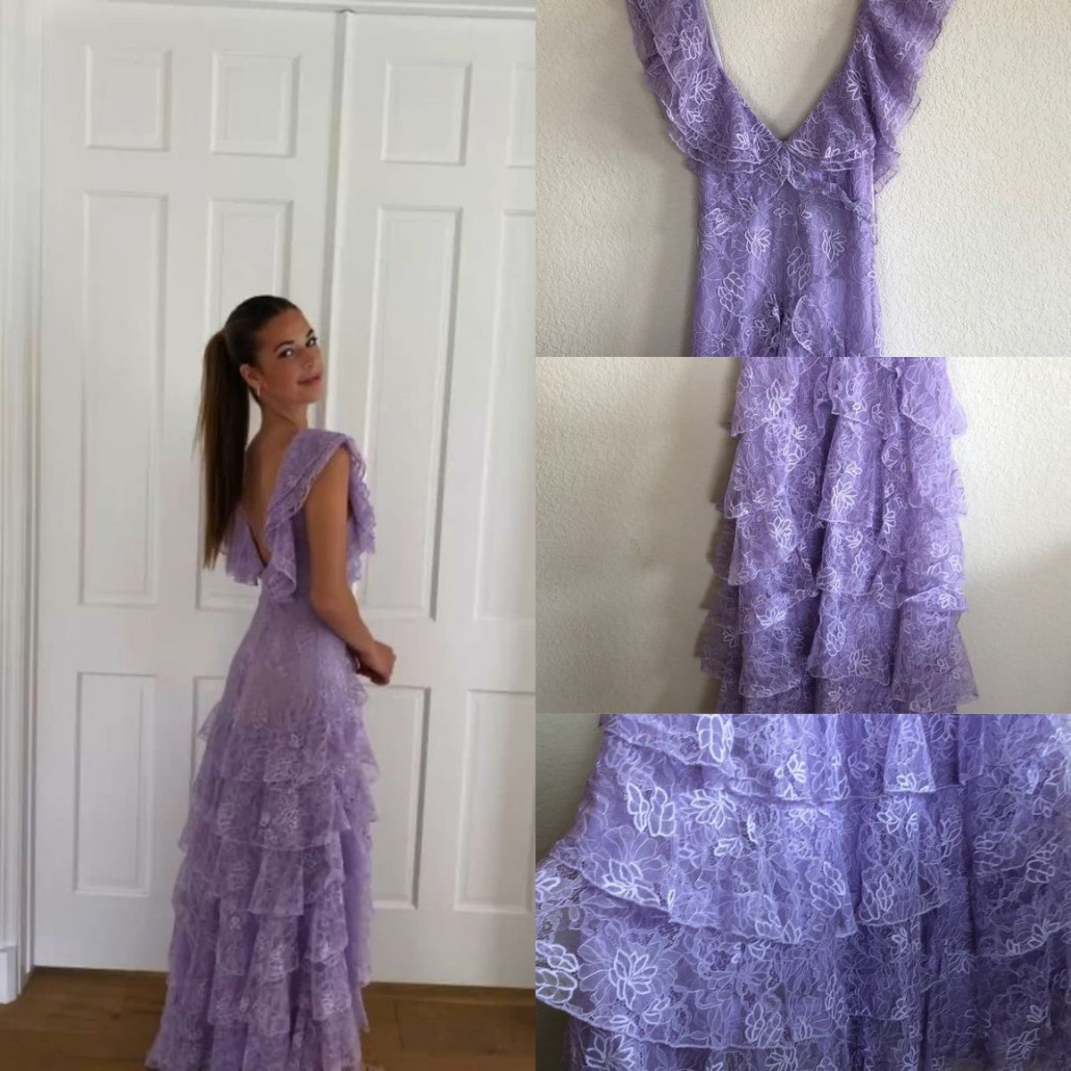 Sweet Purple Lace Ruffle Long Prom Dress