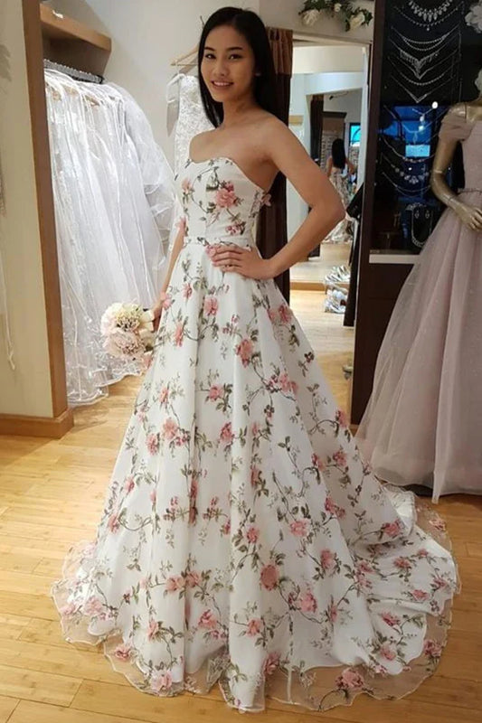 Sweet White Floral Prom Evening Dresses