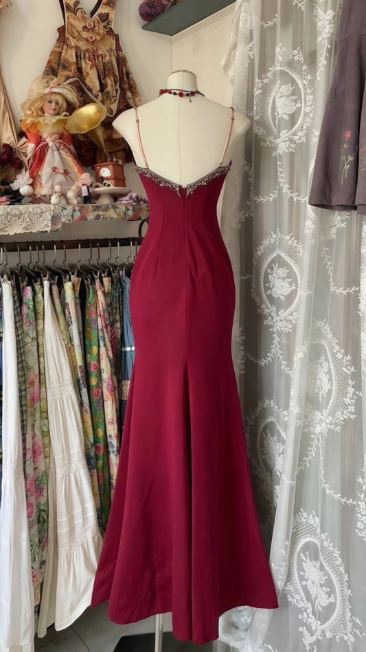 Vintage Burgundy Lace Party Dress, Cosplay Long Dress
