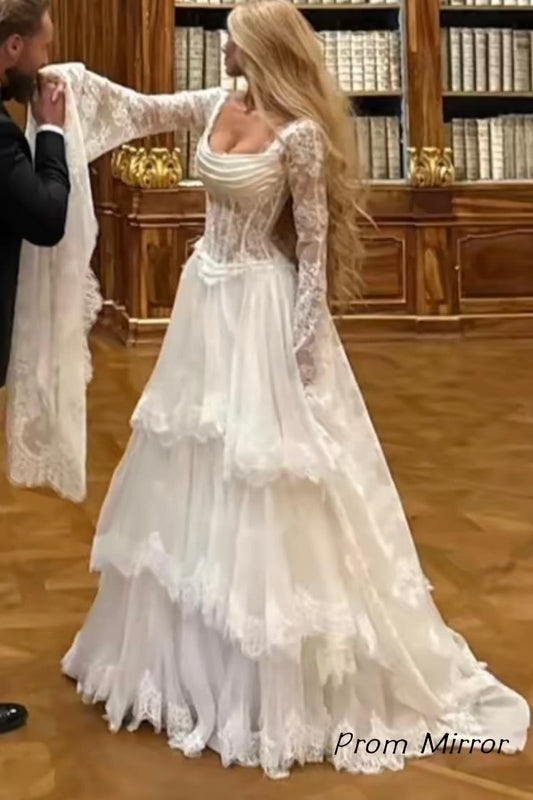 Vintage Ivory Trumpet Sleeves Corset A-Line Lace Wedding Dress
