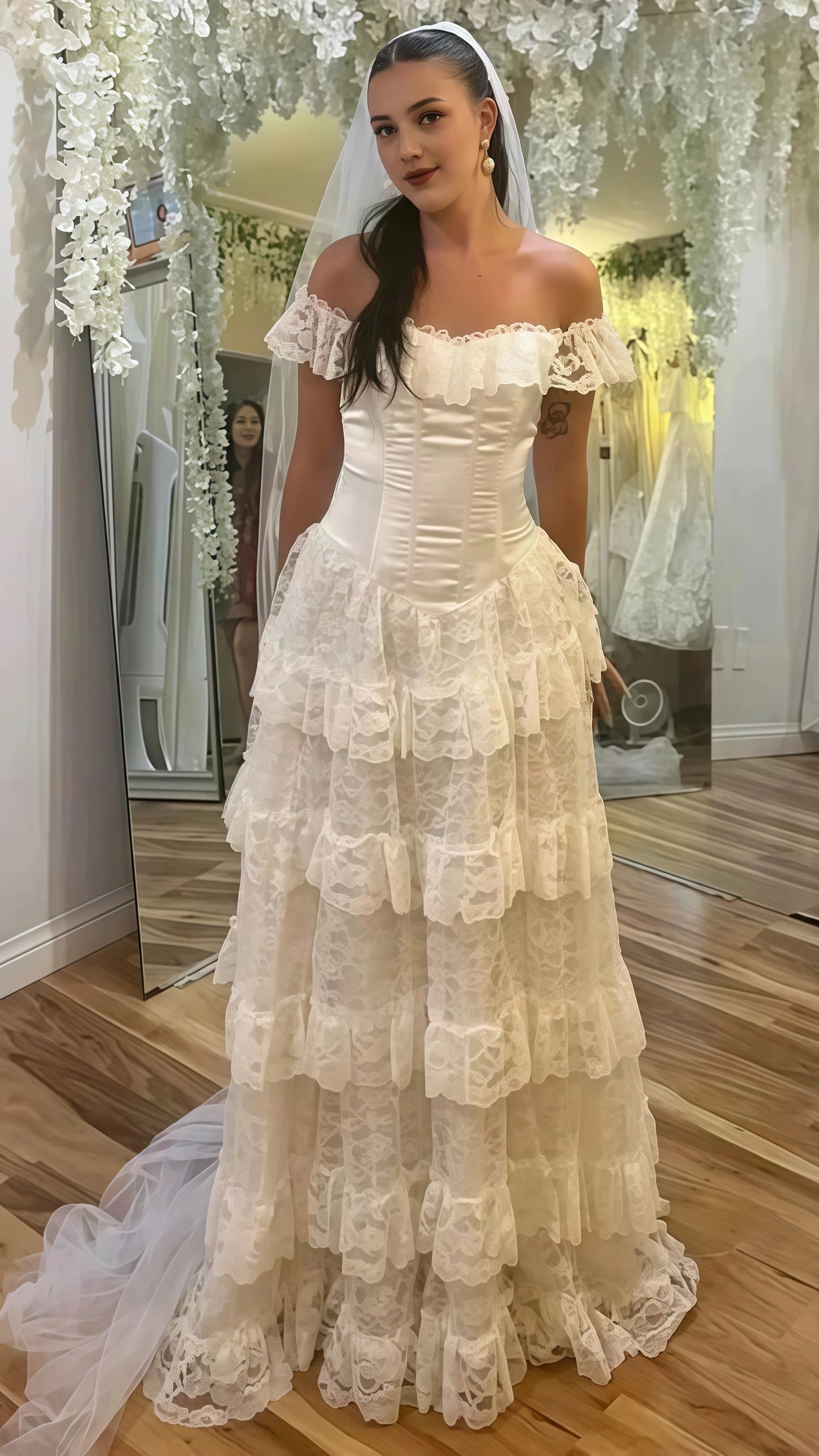Vintage Off White Lace Wedding Dresses, Ruffle Floor Length Bridal Dress