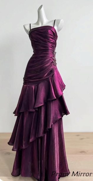 Vintage Purple Ruffle Prom Dresses Spaghetti Straps Formal Dress