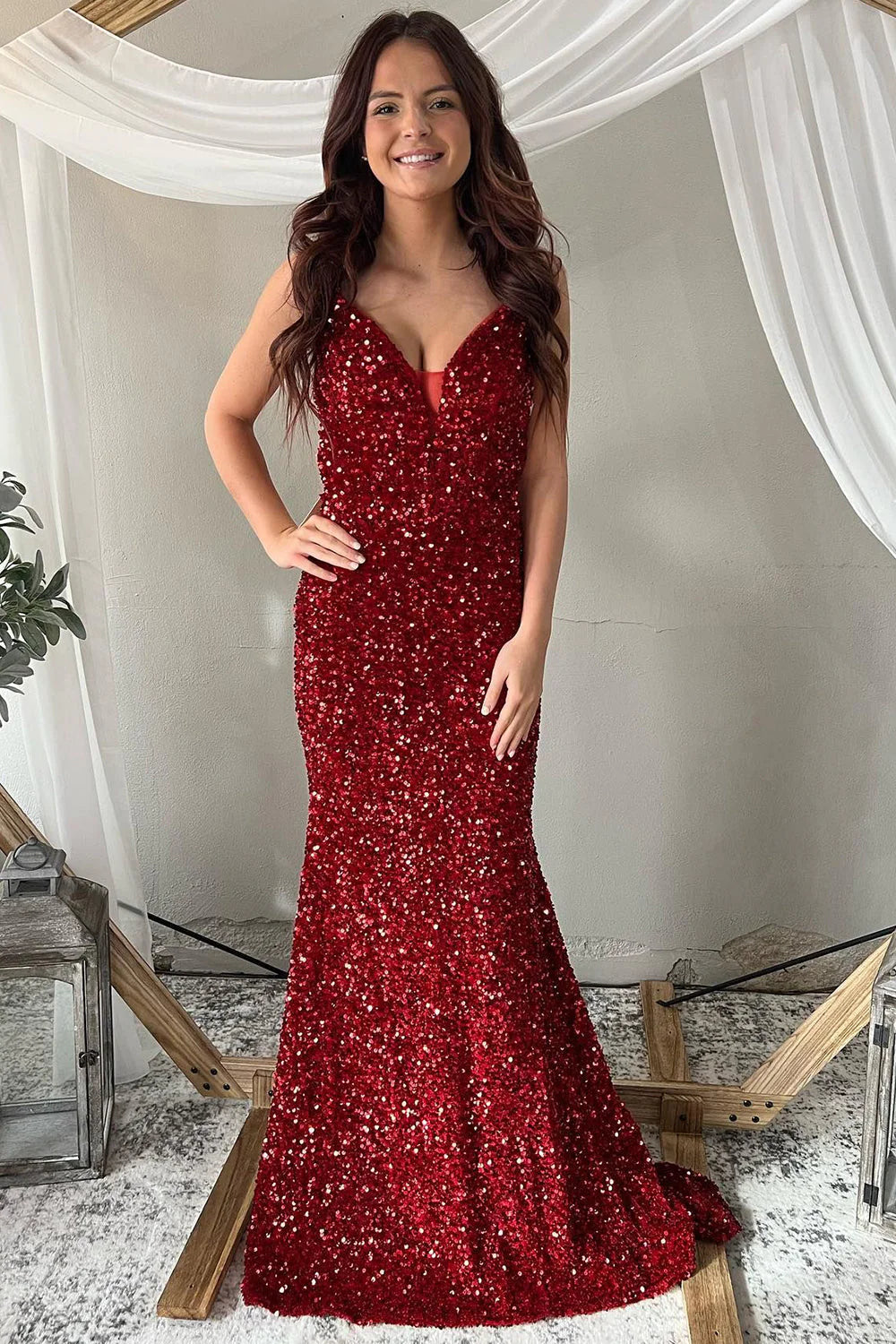 Burgundy Sequins Mermaid Prom Evening Dress