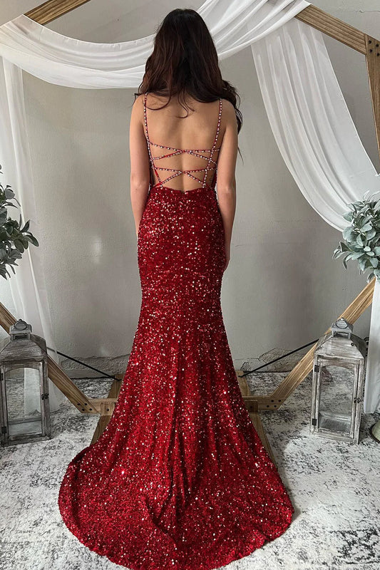 Burgundy Sequins Mermaid Prom Evening Dress