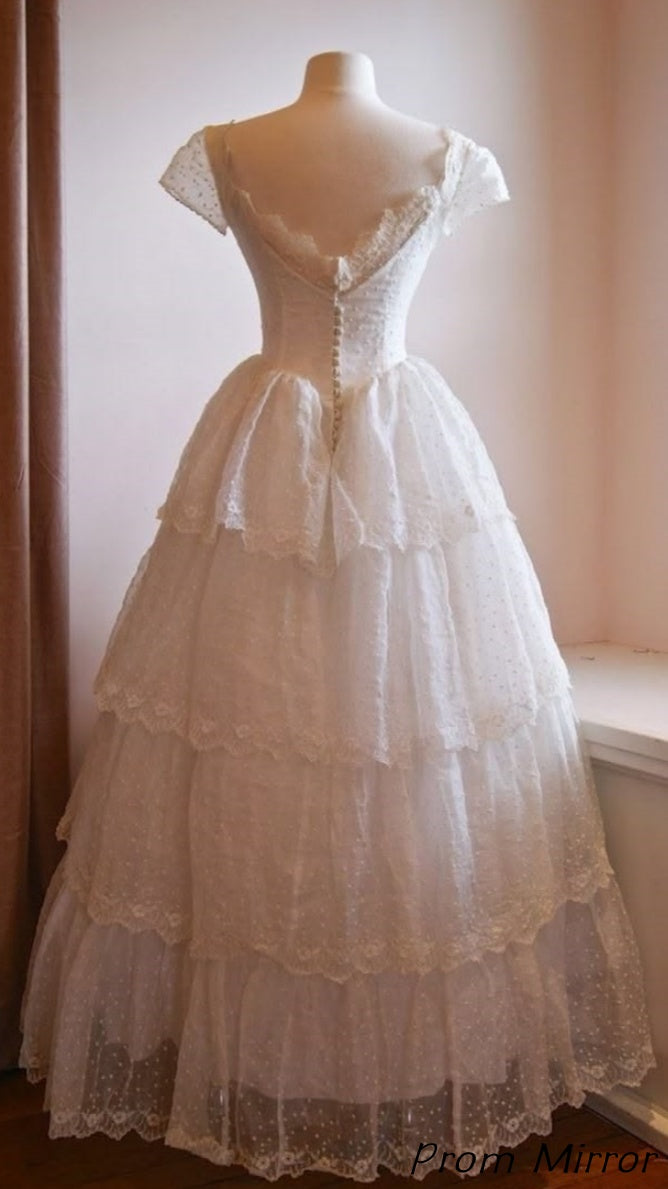 White A-Line Lace Layers Vintage Wedding Dress Birthday Gown