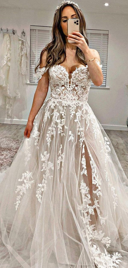 Romantic Off The Shoulder Appliques Tulle Wedding Dress