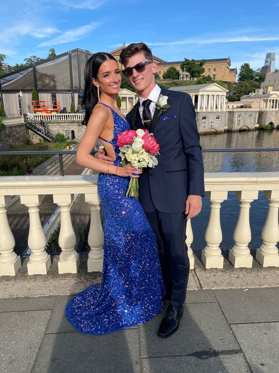 Blue V-Neck Mermaid Prom Dress