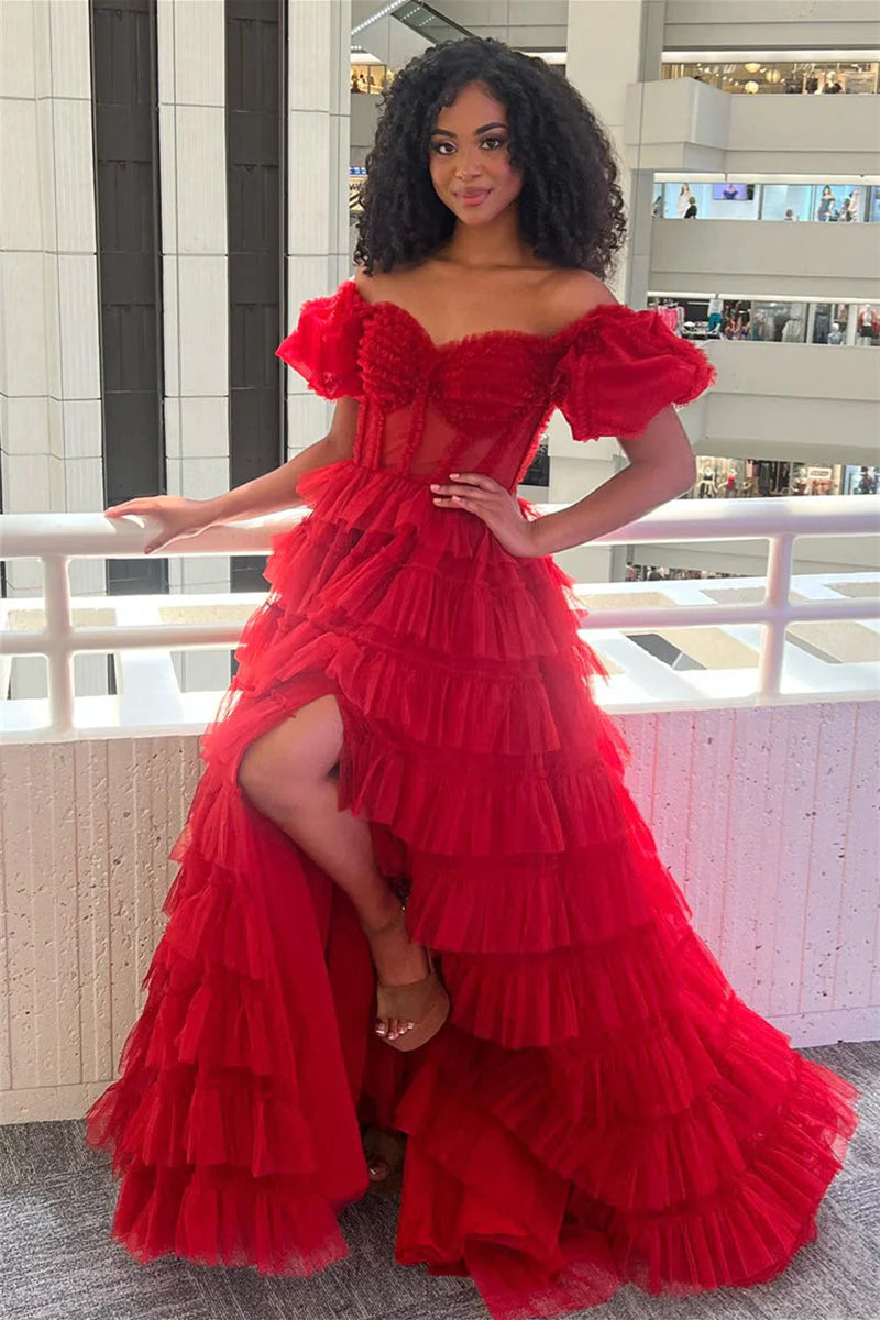 Off The Shoulder Pink Tulle Puffy A-Line Evening Prom Dress
