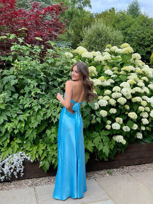 Blue Beaded Sequined Long Evening Gown Prom Dress Party Dress