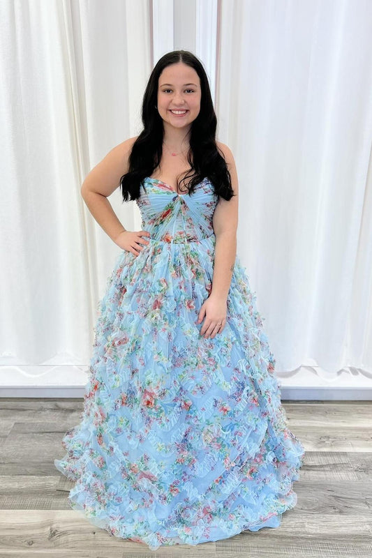 Strapless Blue Floral Ruched A-line Long Ball Gown