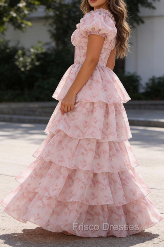 Blush Pink A Line Square Neck Tiered Prom Dress with Ruffles
