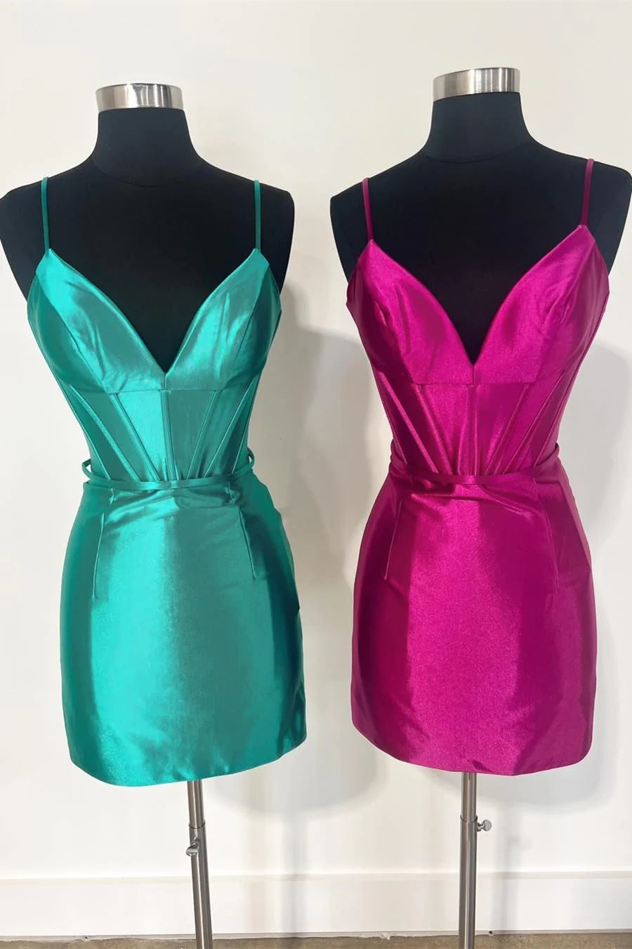 PM535,Hot Pink Plunging V Neck Satin Sheath Homecoming Dress