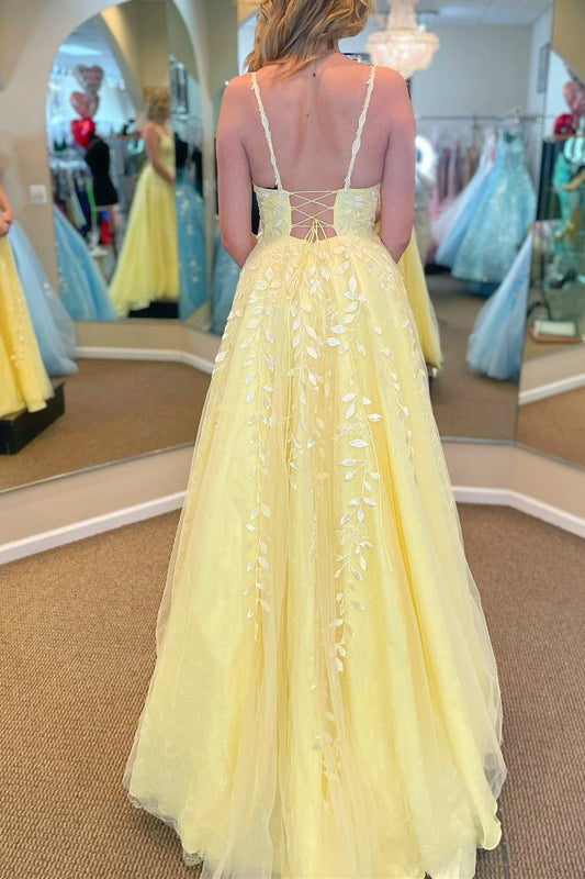 Princess Yellow Lace Appliques A-line Long Formal Dress