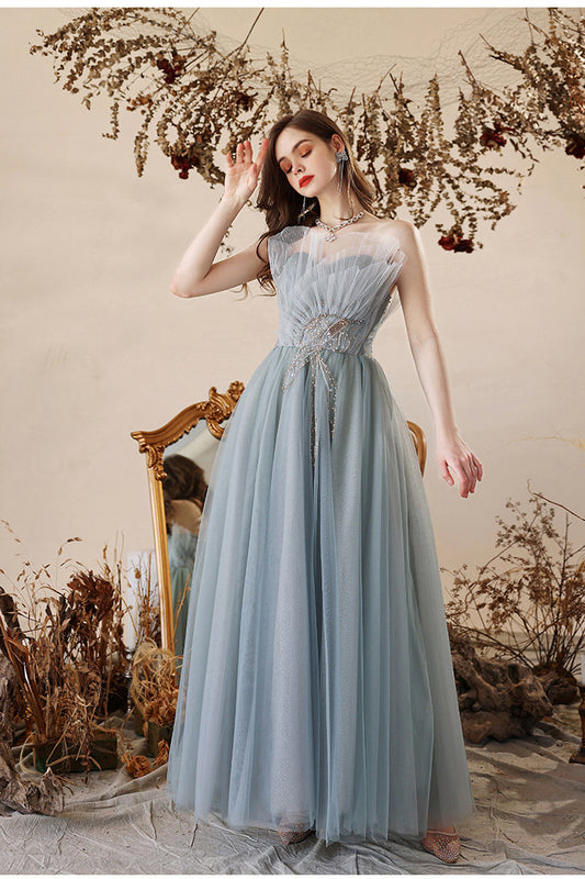 Princess Misty Blue Strapless A-line Long Formal Dress