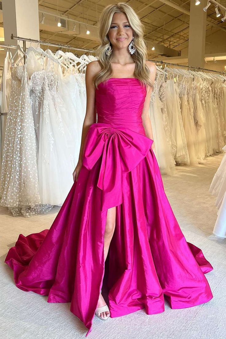 Strapless A-Line Satin Long Evening Prom Dresses With Bowknot