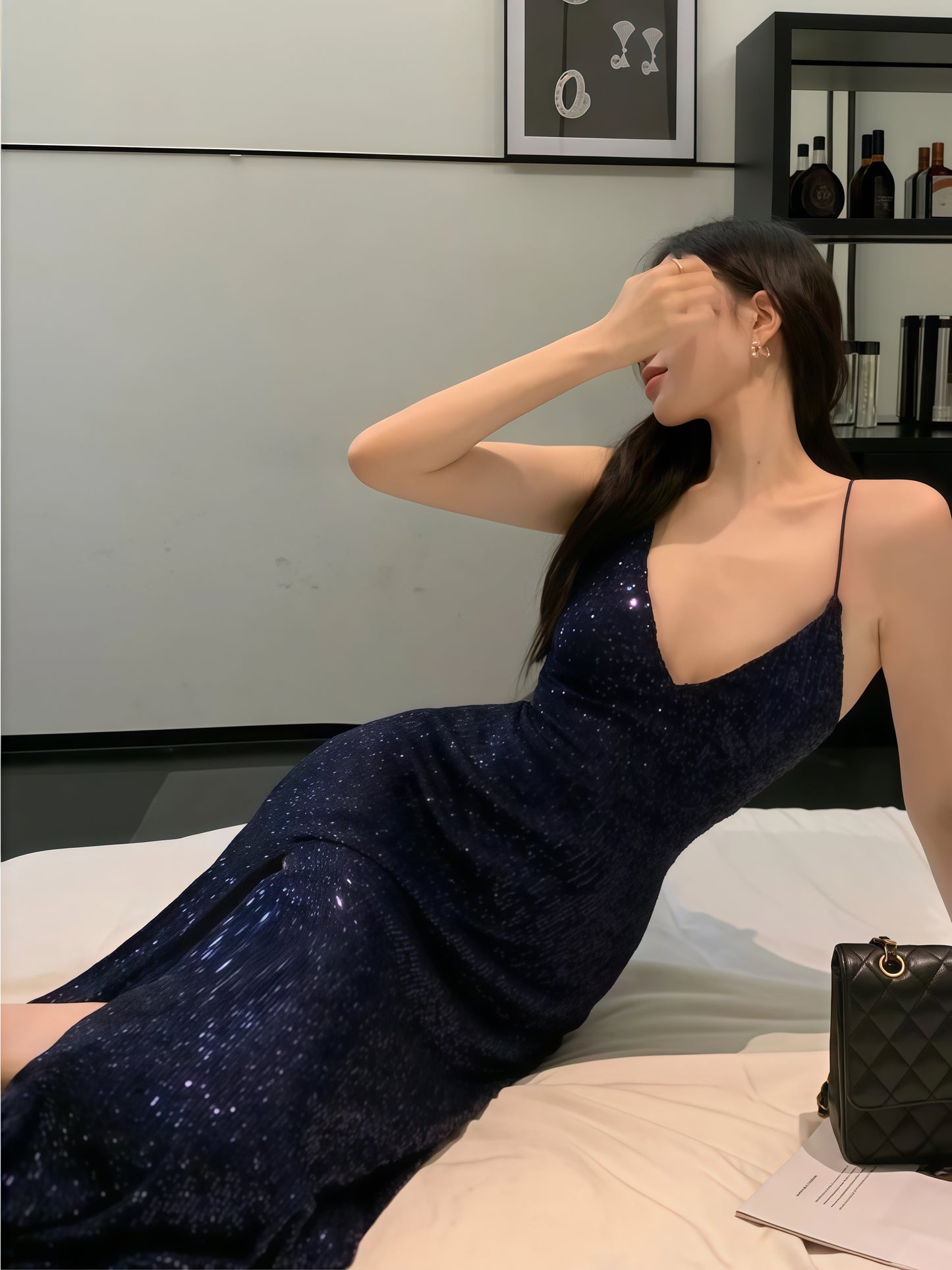 Navy Blue Sequin Mermaid Prom Dress V-Neck Cross Back Long Evening Gown
