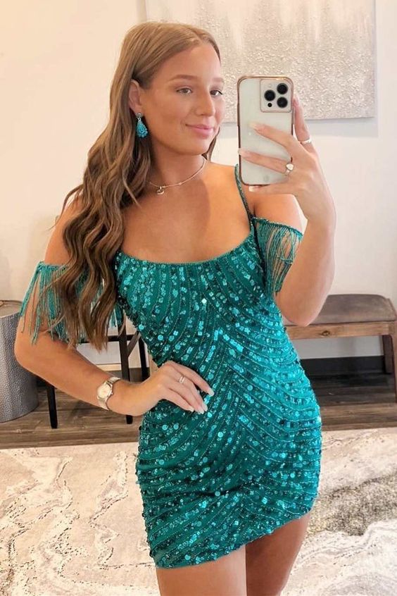 Emerald Green Sequin Off Shoulder Tassel Short Homecoming Dress Cockta prommirror Emerald Green Sequin Off Shoulder Tassel Short Homecoming Dress Cockta prommirror