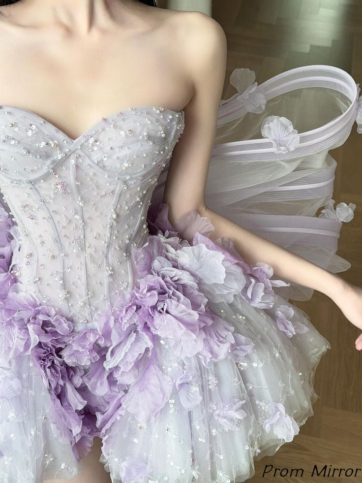 Cute Lilac Sweetheart Beaded Floral Homecoming Dresses