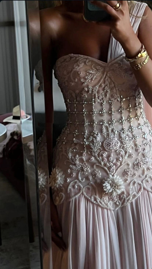 Exquisite Mermaid One Shoulder Pink Chiffon With Silver Beaded Prom Dresses Long Party Dress 18Th Birthday Outfits Prom Gown