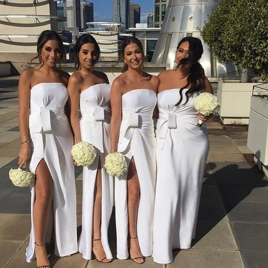 White Strapless Bodycon Tight Slit Bridesmaid Dresses