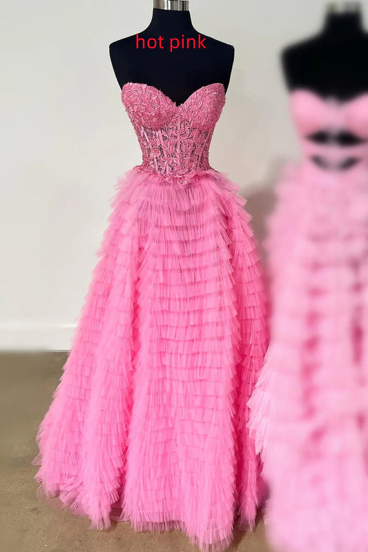 Sweetheart Appliques Tiered A-Line Prom Dresses Dance Dress Long