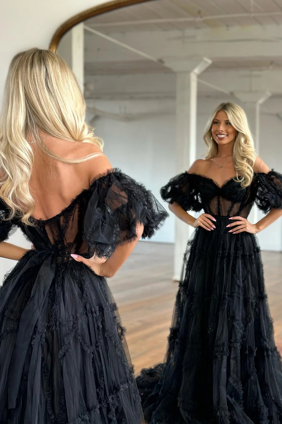 Off The Shoulder Ruffles Pink Long Prom Dress Tulle Formal Gown