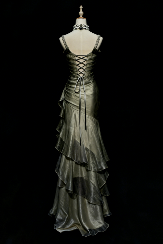 Green/Champagne Vintage Elegant Long Lace Ruffle Prom Dress Evening Dress