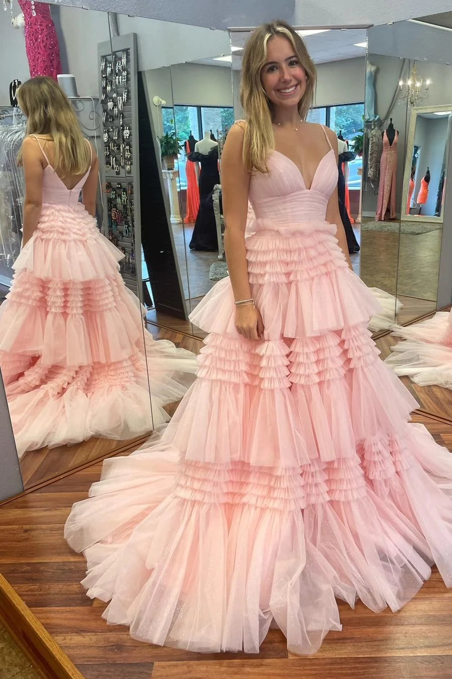 Spaghetti Straps V-Neck Layers Formal Party Prom Dresses
