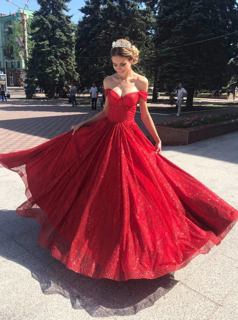 Sparkly Off Shoulder Red Long Prom Dress, Sleeveless Sequins Evening Dresses