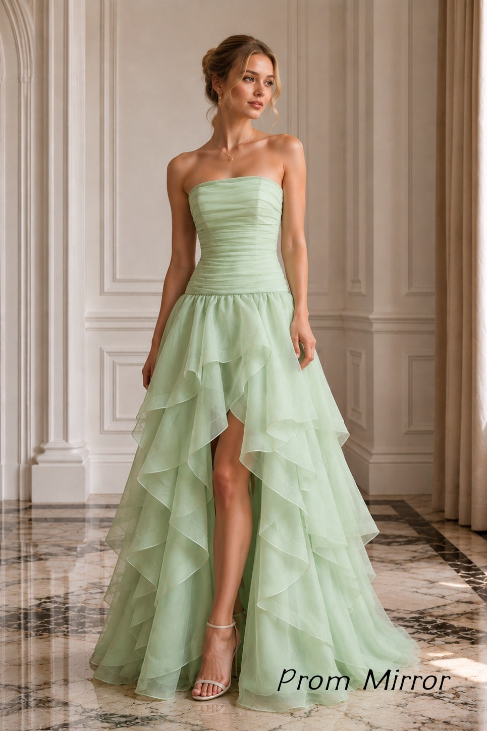 Pastel Green Strapless High Low Ruffle Prom Dress With Layered Organza Skirt