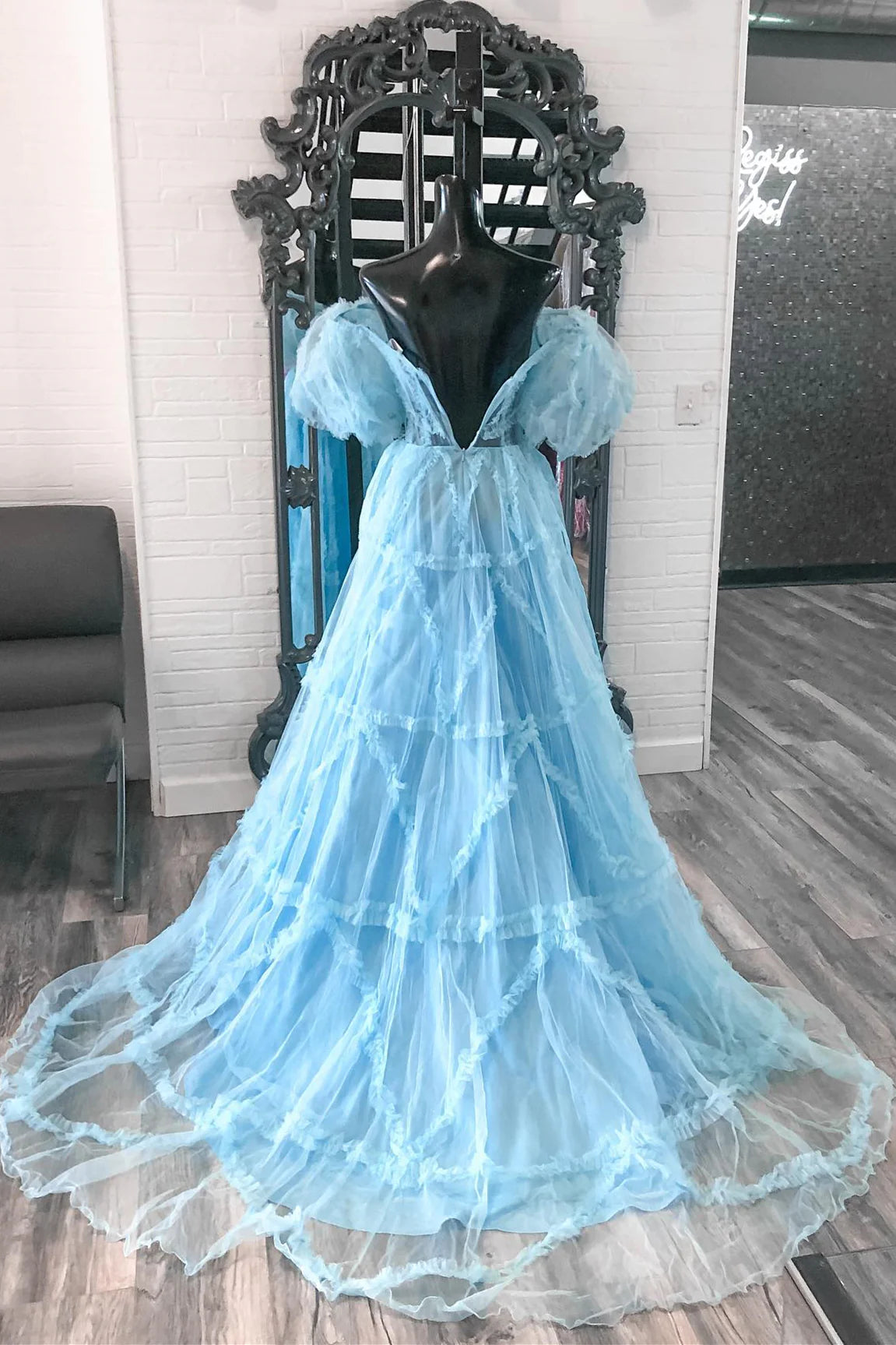 Off The Shoulder Ruffles Pink Long Prom Dress Tulle Formal Gown