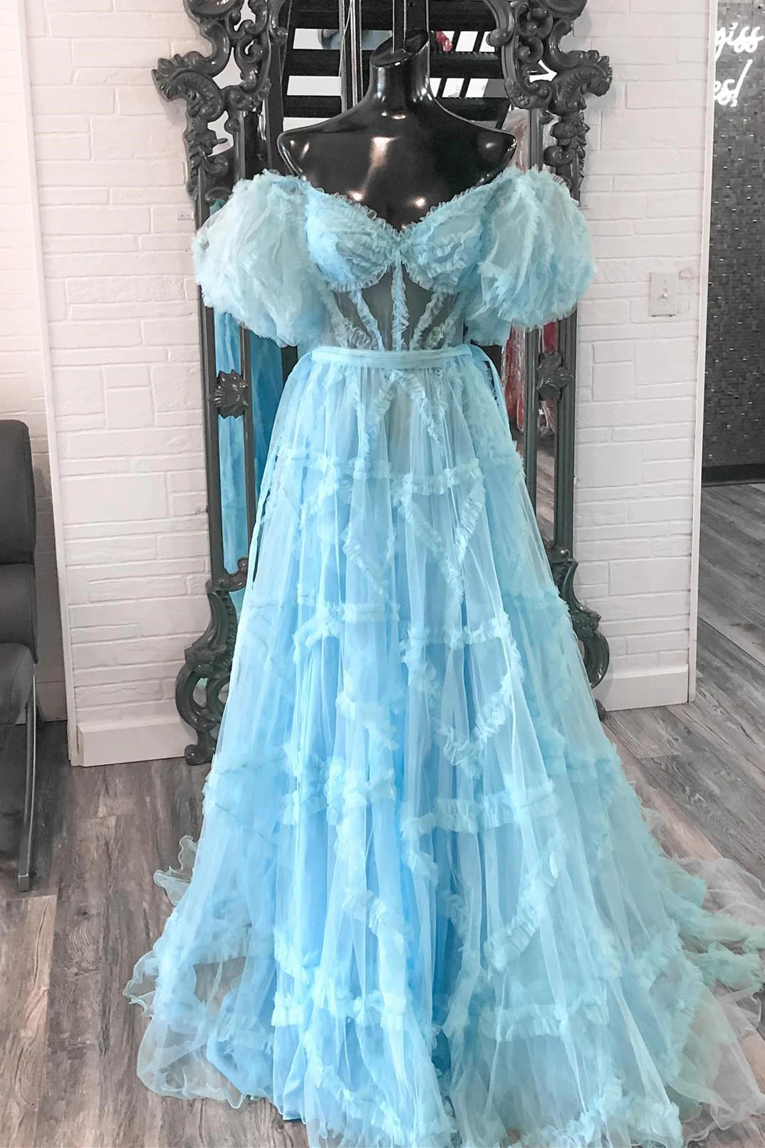 Off The Shoulder Ruffles Pink Long Prom Dress Tulle Formal Gown