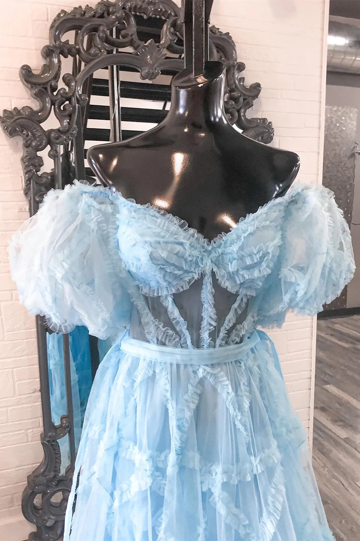 Off The Shoulder Ruffles Pink Long Prom Dress Tulle Formal Gown