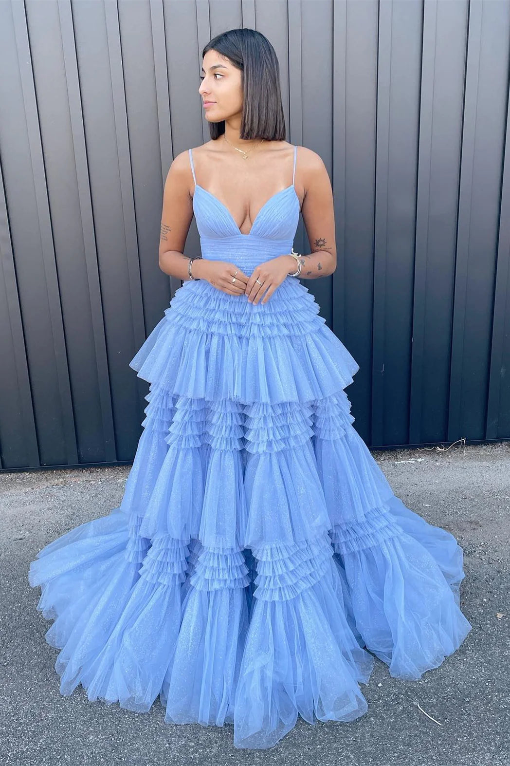 Spaghetti Straps V-Neck Layers Formal Party Prom Dresses