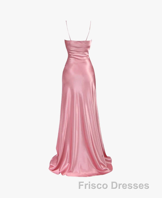 Simple Pink Spaghetti Straps Long Formal Prom Dress with Split