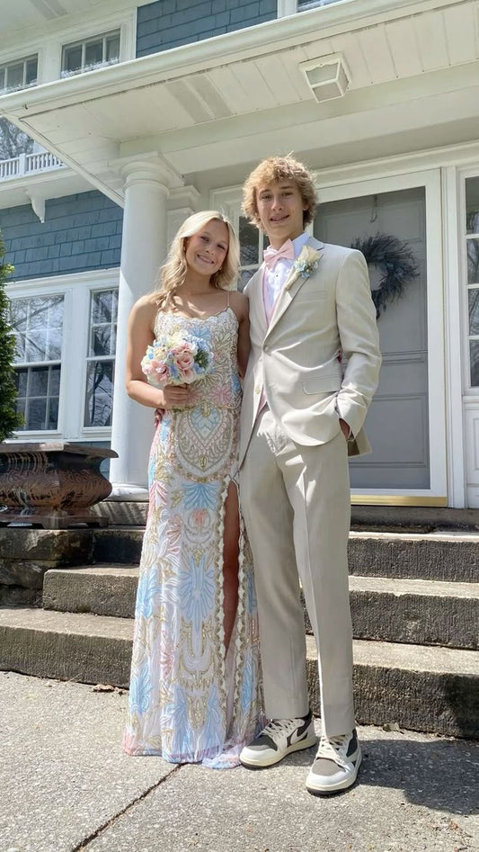 White Gorgeous Shiny Exquisite Beaded Spaghetti Strap Sequined Backless Long Chiffon Ball Gown Prom Dress Evening Gown Holiday Party Dress