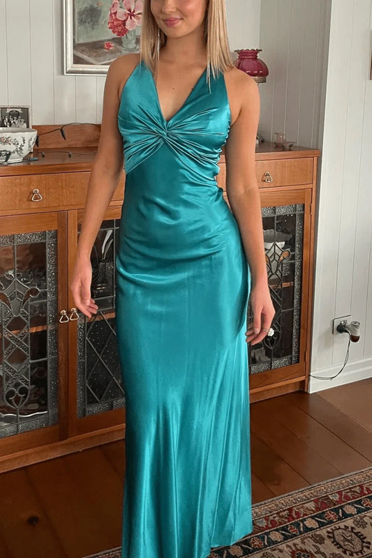 Halter V-Neck Prom Dresses Pleated Satin Sleeveless Long Prom Party Dress