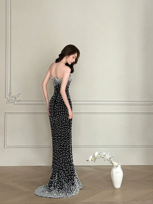 Vintage Black Mermaid Strapless Pearl Velvet Long Prom Dress Evening Dress