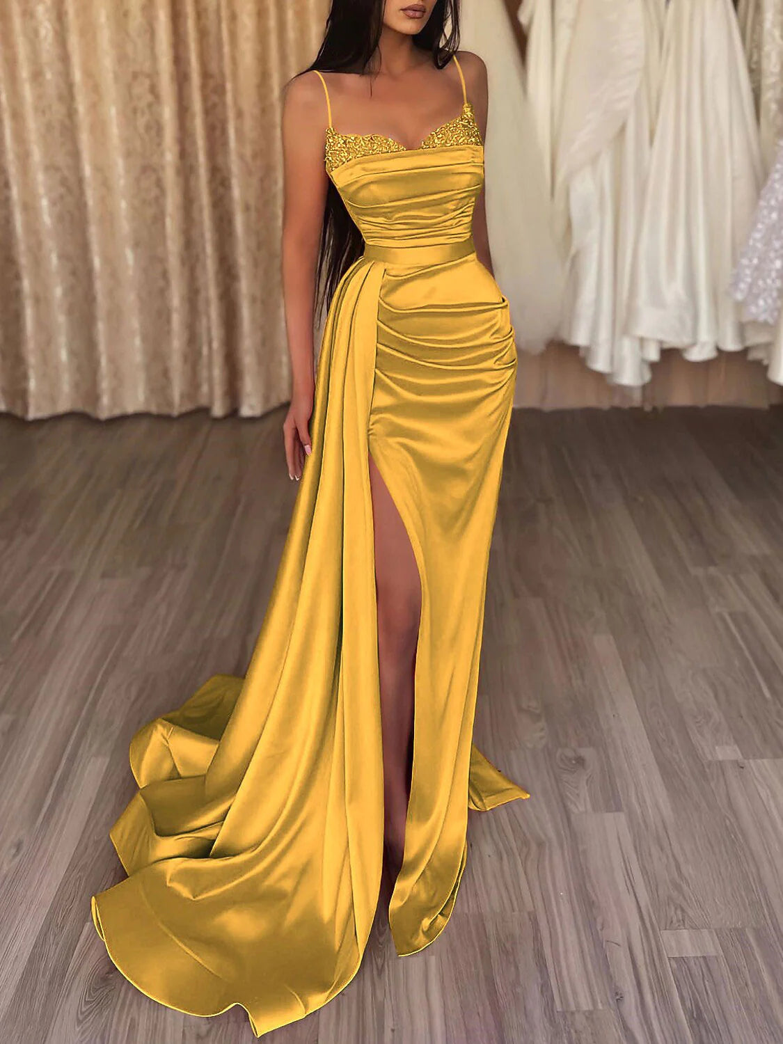 Spaghetti Straps Red Satin Long Prom Dresses