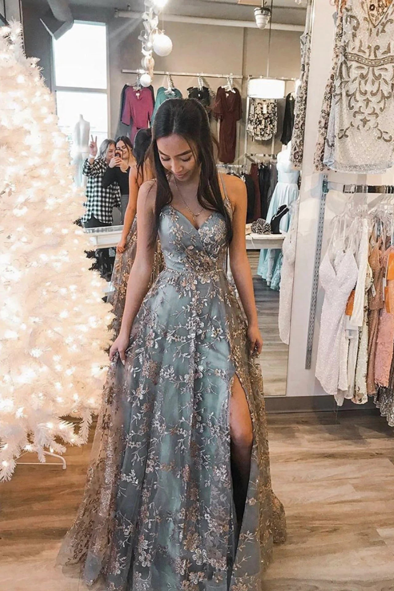 PM328,Glitter Spaghetti Straps Long Prom Evening Dresses