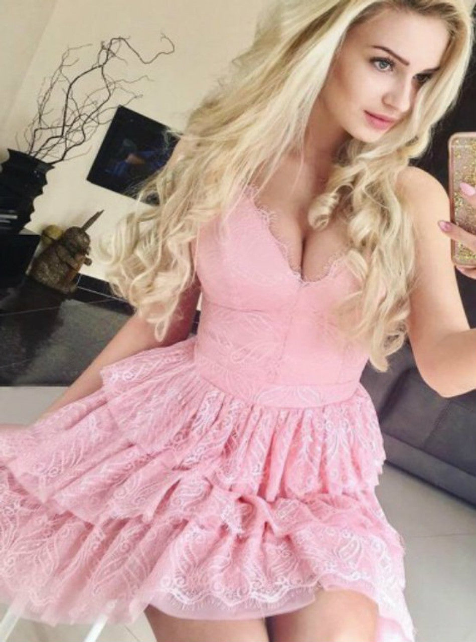 PM182,Pink Homecoming Dresses Lace Graduation Dress