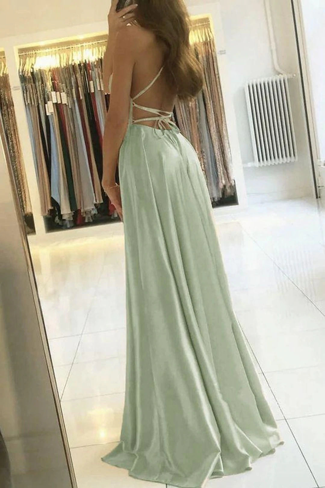 PM068,Sexy sage green cross back long satin prom dress evening dresses