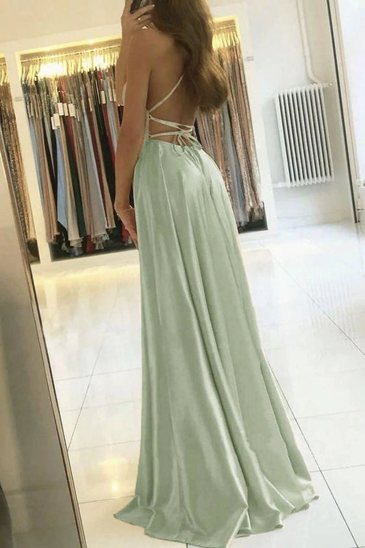 PM068,Sexy sage green cross back long satin prom dress evening dresses