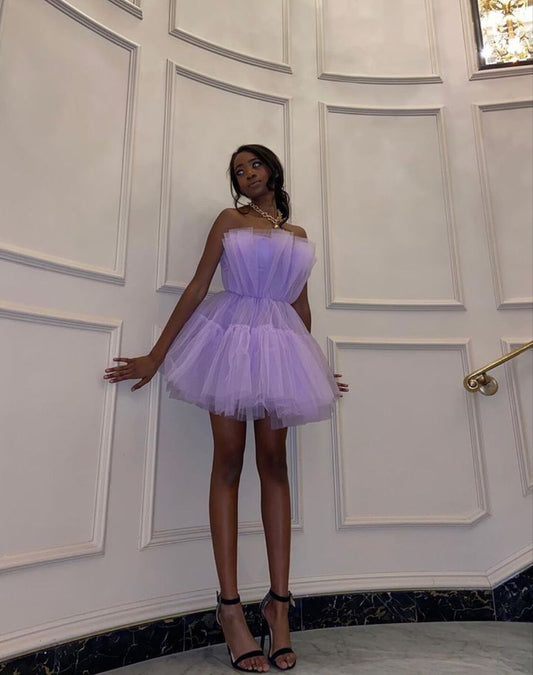PM025,Light purple tulle mini prom dresses strapless pleated homecoming dress