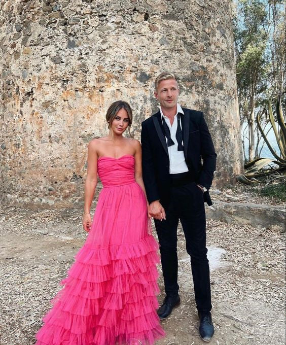PM491,Strapless Prom Dresses, Hot Pink Ruffles Long Prom Dress Evening prommirror PM491,Strapless Prom Dresses, Hot Pink Ruffles Long Prom Dress Evening prommirror