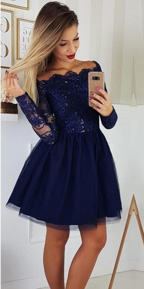 PM062,Blue long sleeves mini homecoming dresses tulle applique school event dress