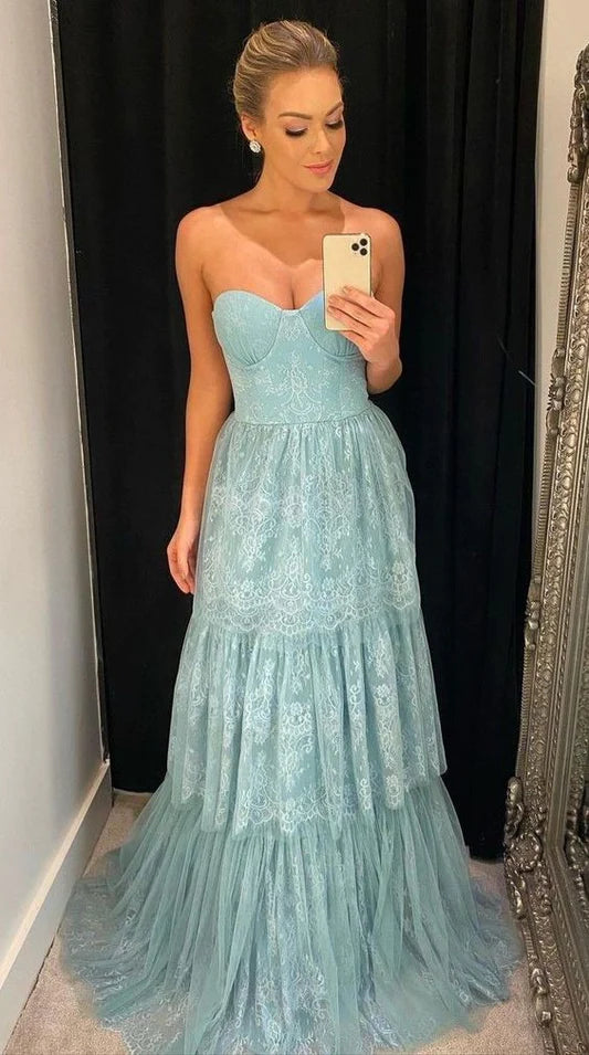 PM492,Charming Lace Prom Dresses, Sleeveless Ruffles Evening Party Gown