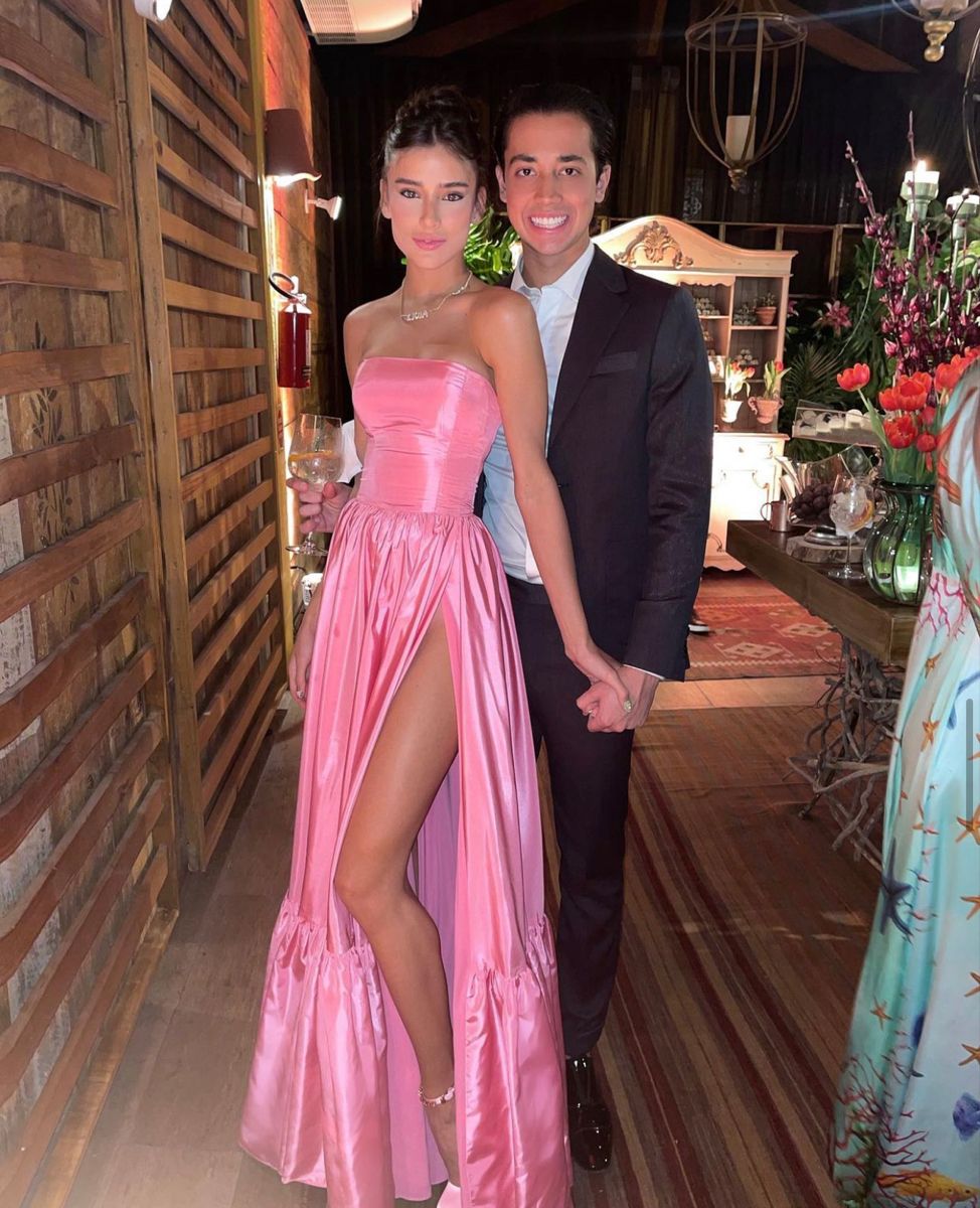 PM466,Strapless Pink Satin Prom Dresses, A-Line Split Long Prom Evening Dress
